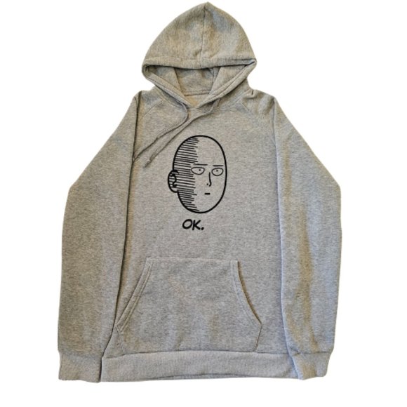 OK Saitama One Punch Man Hoodie Grey Long Sleeve Pocket Hood M - Picture 3 of 6